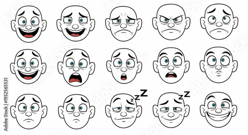 Collection of cartoon faces depicting various human emotions and expressions.