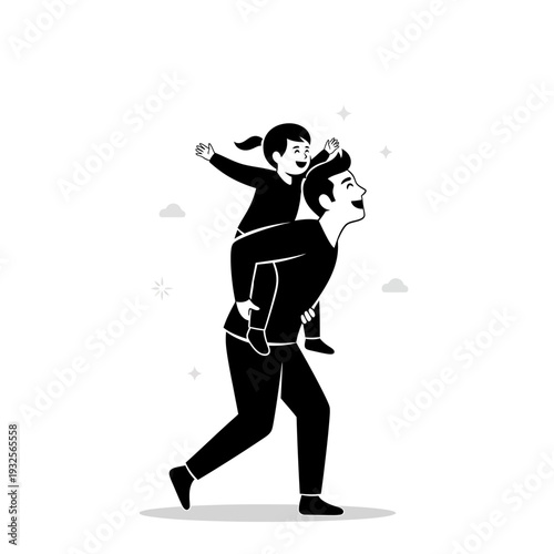 A man carrying a child on his back with arms outstretched in a minimalist black and white illustration.