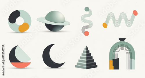 Geometric shapes and abstract designs in a minimalist style with vibrant colors.