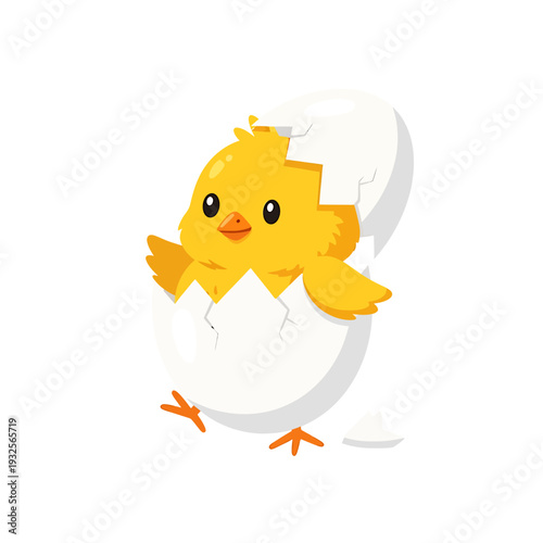 A cheerful cartoon chick emerging from a cracked eggshell on a white background
