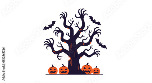Halloween tree vector with pumpkins and bats