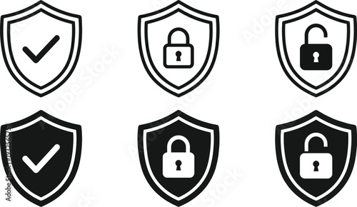 Security shield icons with checkmarks and locks, vector illustration, flat design