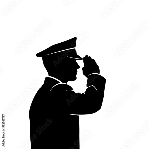 Silhouette of a man in a uniform saluting against a white background