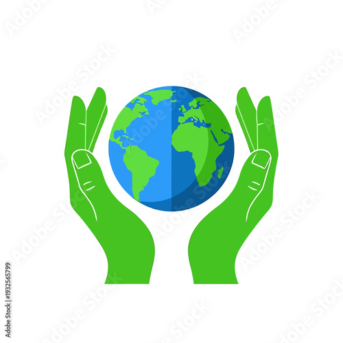 Green hands cradling a blue and green globe on a white background
