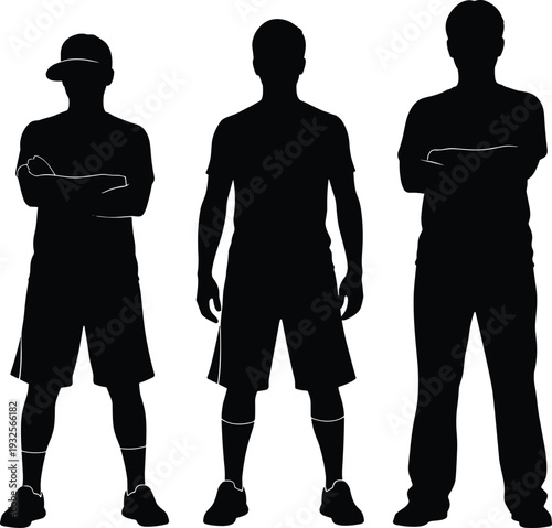 Silhouettes of three individuals standing side by side, posture variation concept, casual attire, human body language illustration design