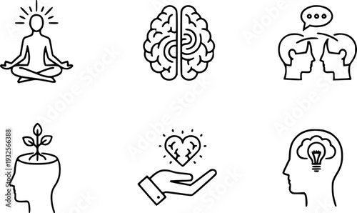 Mental Health Wellness And Personal Development Icons Featuring Meditation Brain Growth Ideas And Emotional Empathy