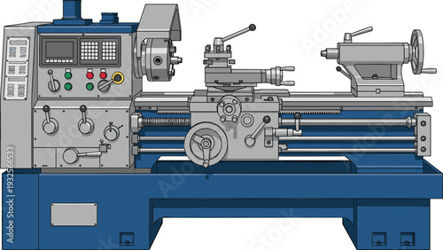 Industrial Metal Lathe Machine with Control Panel and Chuck Heavy Duty Engineering Equipment Vector Illustration