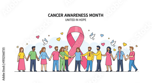 Vector illustration of people holding hands with pink cancer awareness ribbon