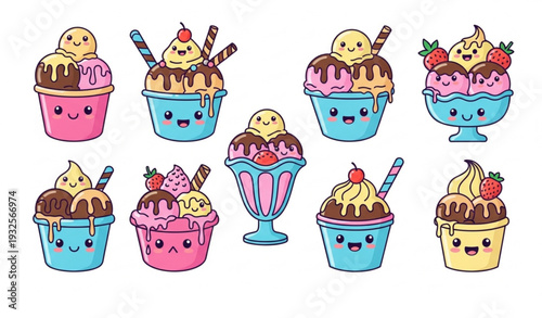 Cute Cartoon Ice Cream Scoops and Sundaes Colorful Vector Set
