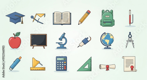Collection of school supplies and educational items for learning and studying.
