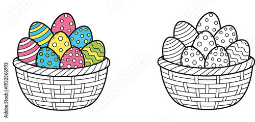 Colorful Easter basket with decorated eggs and black and white outline version. Vector illustration coloring page for kids.