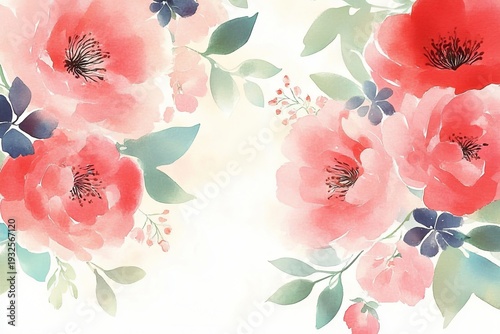 Soft Pastel Watercolor Floral Background with Elegant Pink, Red, and Blue Flowers for Designs