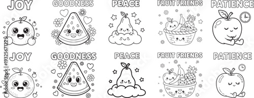 Kawaii Fruit Friends Coloring Page Set: Cute Cartoon Fruits with Positive Affirmations like Joy, Goodness, Peace, and Patience for Kids' Education.
