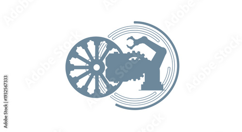 Abstract Representation of a Robotic Arm and Wheel Symbol.