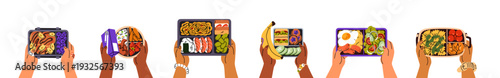 Children's hands with lunch set. Kids holding bento boxes and trays with food. Containers with takeaway eating, snacks for school and work. Flat isolated vector illustration on white background