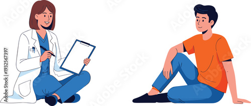 Female Doctor in White Coat and Blue Scrubs Holding Clipboard Consulting with Young Male Patient in Orange Shirt Sitting on Floor Vector Illustration Isolated