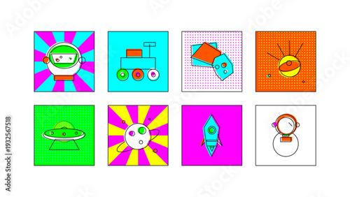 Pop art vector collection featuring children style space icons. Set includes astronaut, rocket ship, UFO, planet, and rover in vibrant neon colors for creative web design and app UI elements.