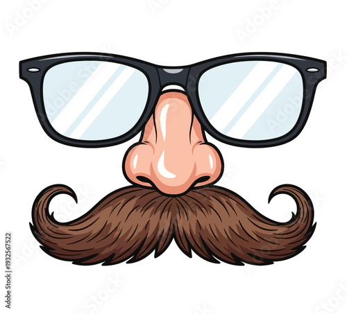 Cartoon illustration of a funny disguise with black glasses, a big nose, and a bushy brown mustache, often used for humor or pranks.