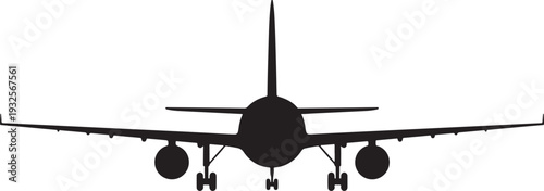 Minimalist black silhouette of commercial airplane isolated on transparent background, illustration