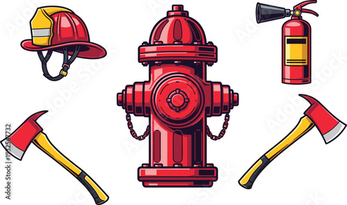 Firefighting Equipment Vector Set Featuring a Red Fire Hydrant, Fireman Helmet, Extinguisher, and Two Axes Isolated on White Background for Emergency Services and Safety Design