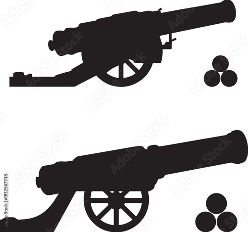 Modern and Historical Artillery Silhouette Collection - Antique Cannons, Tactical Rocket Launchers, and Heavy Weaponry Vector Icons
