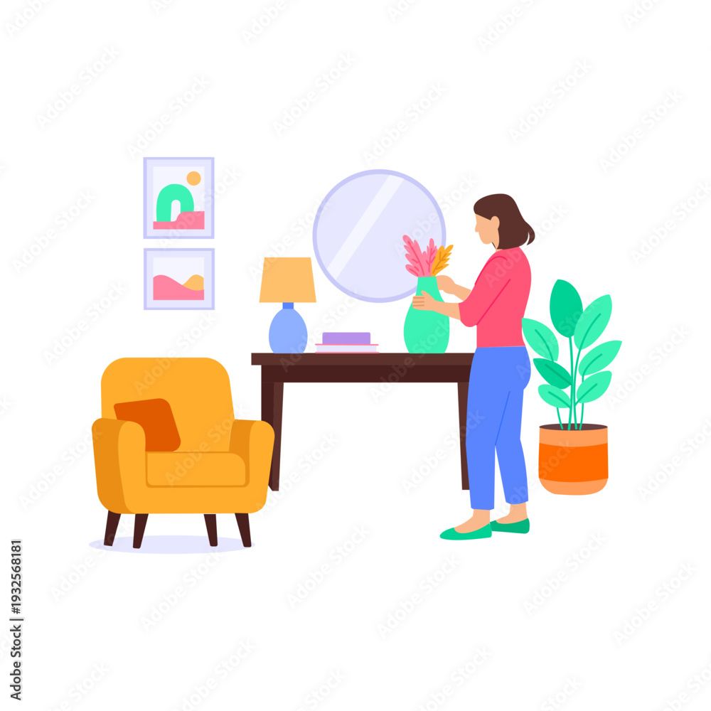 Fototapeta premium Final Styling Setup, Completing interior styling for visual appeal, Flat vector character illustration