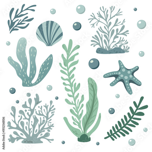 Underwater Flat vector set with seaweed, coral, shell, bubbles and starfish. Minimal ocean illustration in soft blue and green tones, perfect for kids design, fabric, packaging and marine decor.