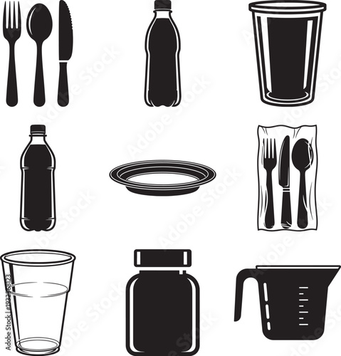 Kitchenware and Plastic Container Icon Set: Minimalist Silhouette Collection of Cutlery, Bottles, Disposable Cups, and Measuring Jug Vectors.