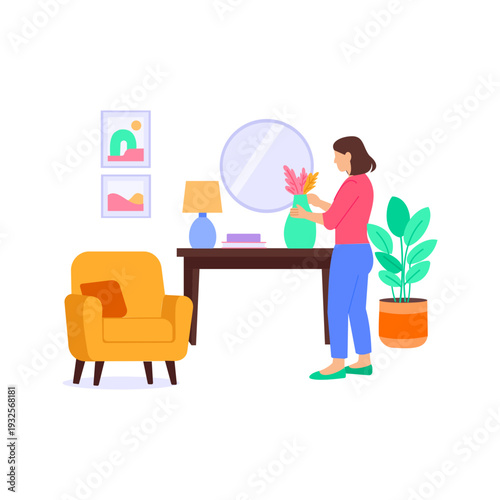 Final Styling Setup, Completing interior styling for visual appeal, Flat vector character illustration