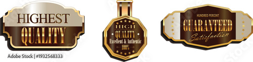 Three gold and brown quality seals on a white background