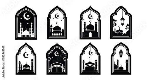 Islamic arch windows with mosque silhouettes and celestial elements
