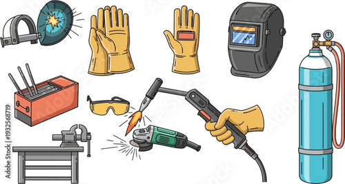 A comprehensive collection of welding and metalworking tools and safety equipment, including helmets, gloves, grinders, torches, and gas cylinders.