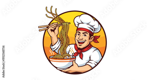 Smiling Asian Chef Serving Delicious Noodles in a Bowl with Chopsticks.