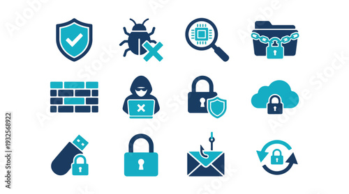 Cybersecurity Icons Set with Locks and Shields on White Background