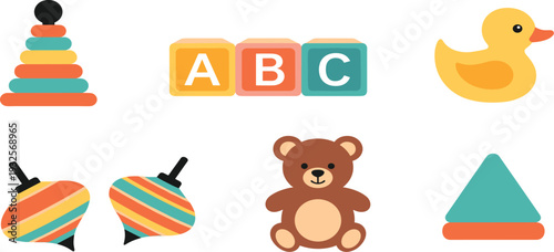 Flat vector illustration set of colorful children's toys including alphabet blocks, rubber duck, teddy bear, stacking rings, and spinning tops isolated on a grey background.