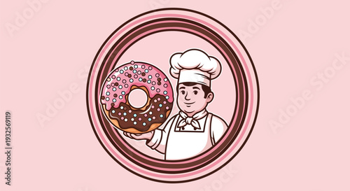 Smiling Baker Holding a Large Glazed Donut with Sprinkles.