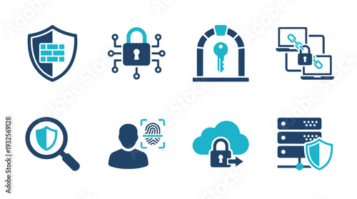 Cybersecurity Icons Set with Shield and Lock Symbols on White Background