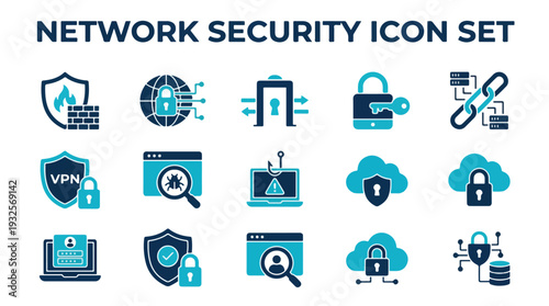 Network Security Icons Set with Shield and Lock Symbols on White Background