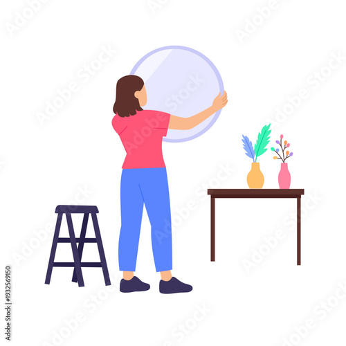 Mirror Placement, Positioning mirrors to enhance interior space and light, Flat vector character illustration
