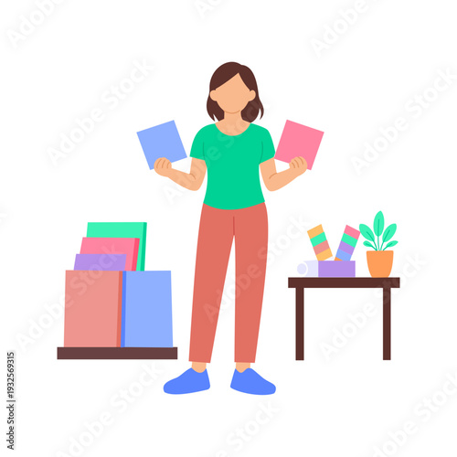 Flooring Selection, Choosing flooring materials suitable for interior design, Flat vector character illustration