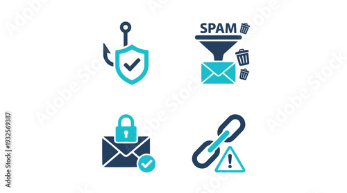 Email Security Icons Set with Shield, Spam, Lock and and Warning Symbols