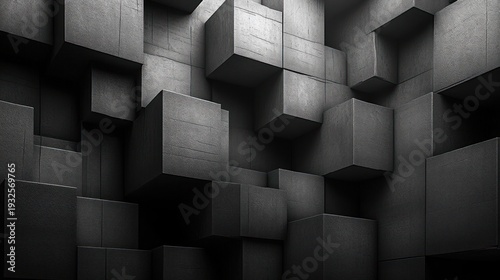 Shadowed textured concrete cubes forming a monolithic geometric wall, dramatic moody depth and stark minimalist abstraction
