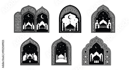 Islamic arch windows with mosque silhouettes and celestial elements