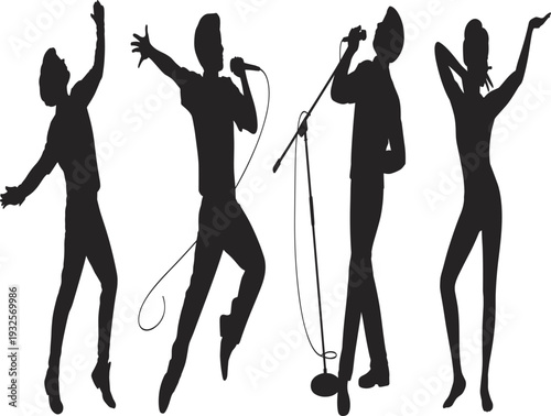 Male and female singers silhouettes collection set, music performers with microphones, vocal artist concert stage entertainment
