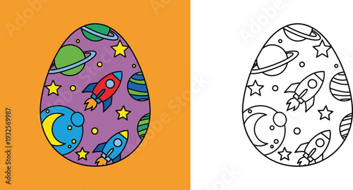 Space Themed Easter Egg Illustration with Rocket Planets and Stars, Creative Cosmic Egg Decorating for Kids Coloring Book and Educational Activity Vector Art