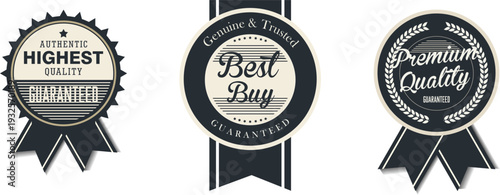 Three black and white award labels for best quality products
