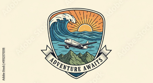 Vintage emblem featuring a crashing airplane, ocean wave, and sun, adventure awaits.