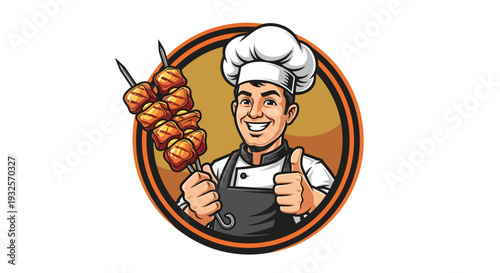 Smiling Chef with Skewered Meat Giving Thumbs Up.
