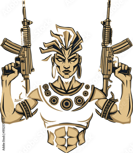 Golden fantasy warrior character illustration holding two assault rifles, powerful muscular soldier with mohawk and tribal jewelry isolated on white background for gaming and esports.