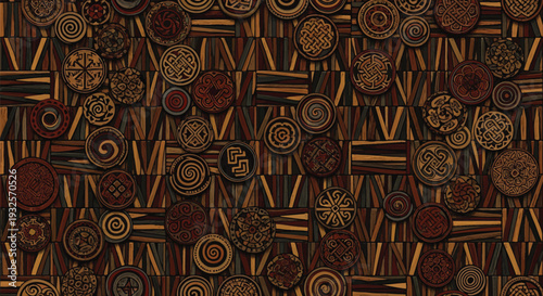 Seamless Tribal Geometric Pattern Background, Ethnic Circular Motifs and Abstract Shapes Decorative Textile Design